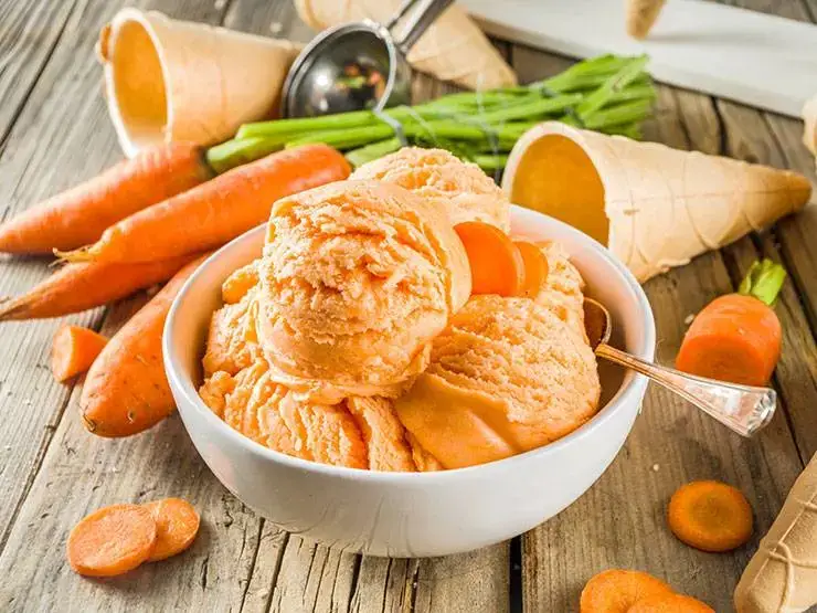 Vegan ice cream made with carrot on a bowl