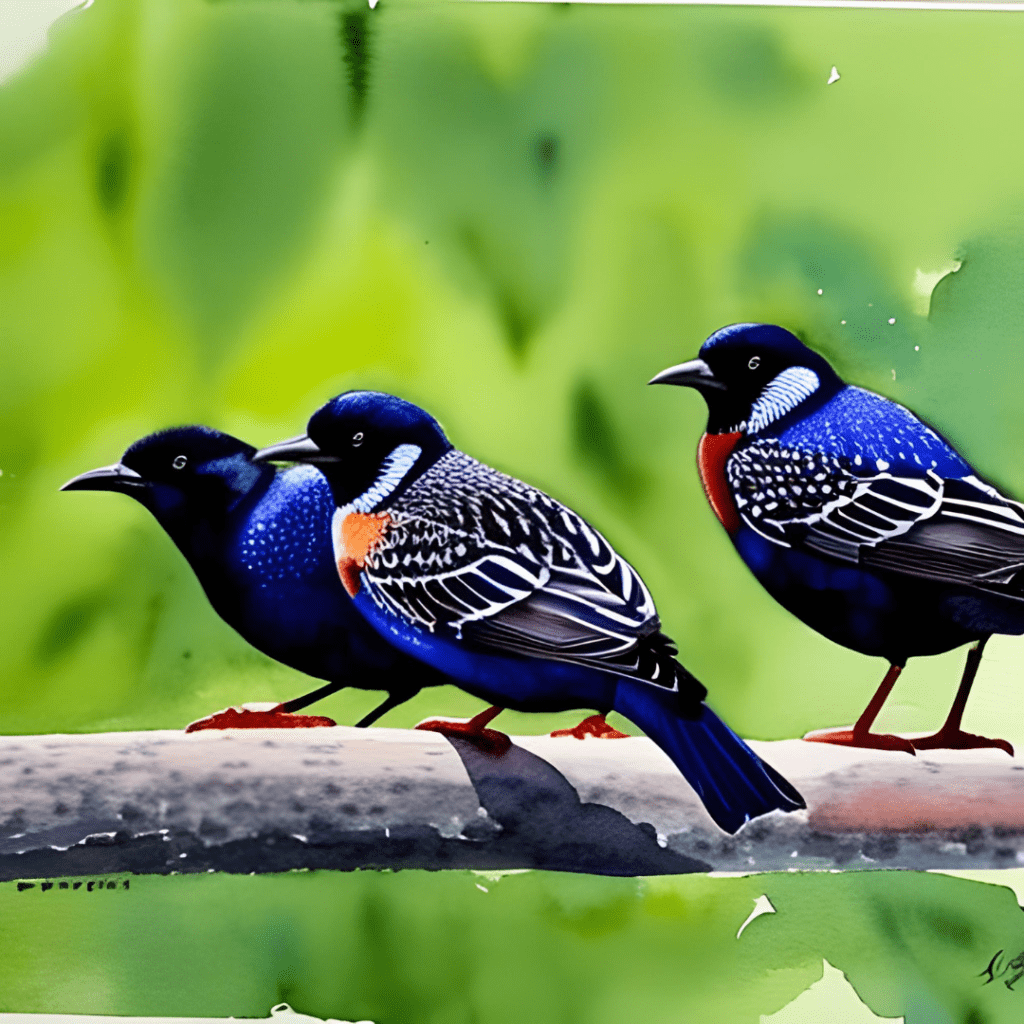 watercolor painting of three starling birds sitting on a branch